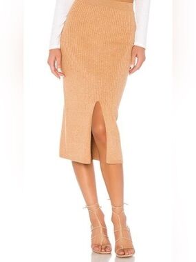Free People Skyline Midi Skirt M Tan Ribbed Knit Front Slit Sweater Skirt